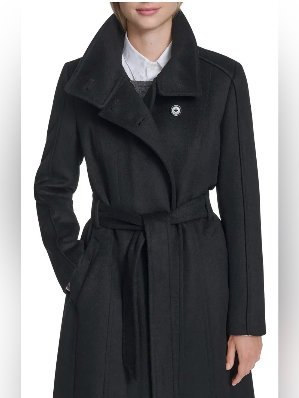 Cole Haan Black Slick Wool Asymmetric Zip Self Belted Signature Tag Coat Nwt 14 — image 4 of 8